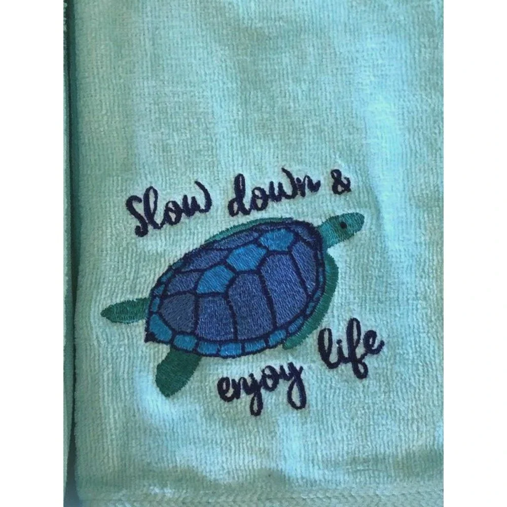 Sea Turtle Hand Towels Embroidered Bathroom Beach Summer Slow Down Blue Set of 2